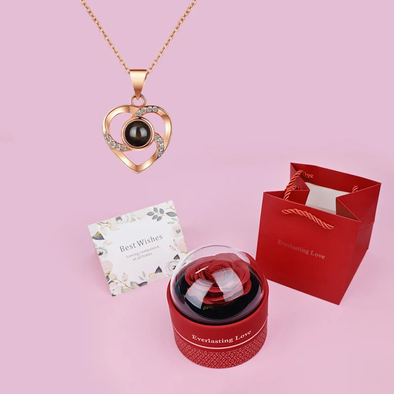 Custom Color Photo Projection Heart Necklace With Luxury Rose Box 2025 Girlfriend Mom Valentine Day Romantic Gifts