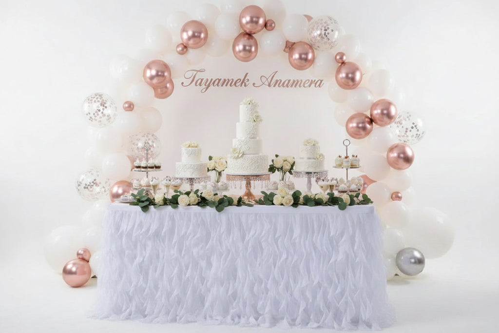 White Table Skirts Rental - Curly Willow Tulle & Pleated with Golden Accents | Elegant Event Decor