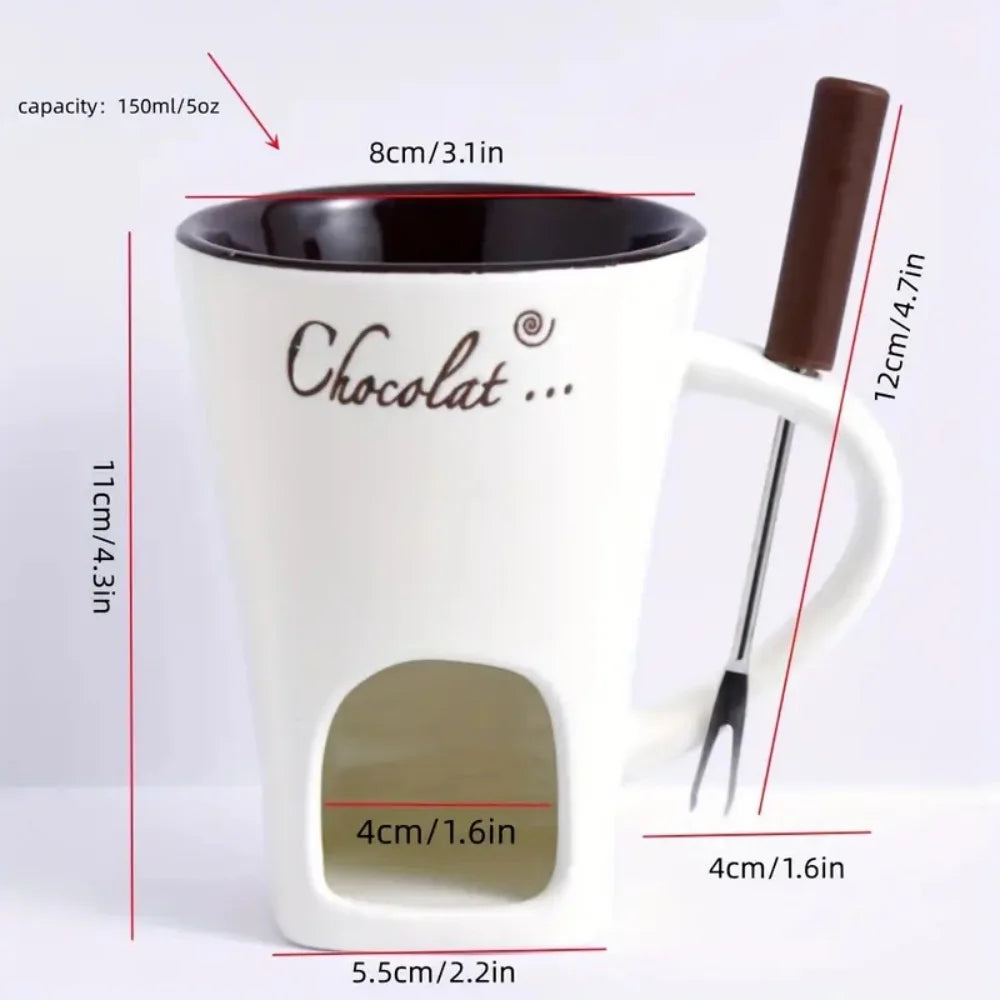 Reusable Heat Safe Ceramic Chocolate Fondue Warmer Bowl Set for Ice Cream Cheese Valentine Gift with Fork Candle Not Included
