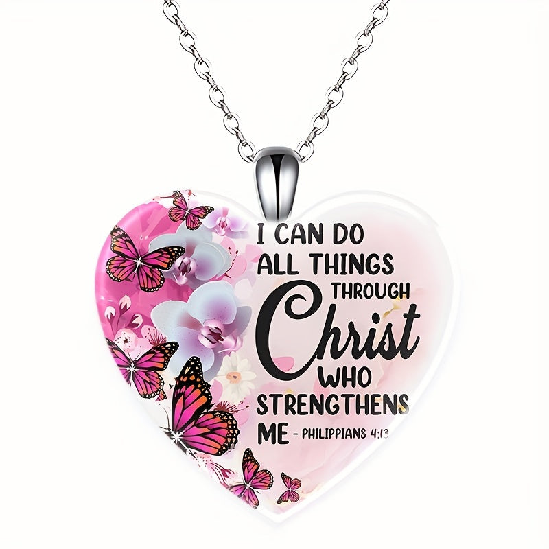 Pink Love Heart Crystal Pendant Necklace Exquisite Butterfly Pattern, Christmas Valentine's Day Banquet Jewelry Holiday Party Gift