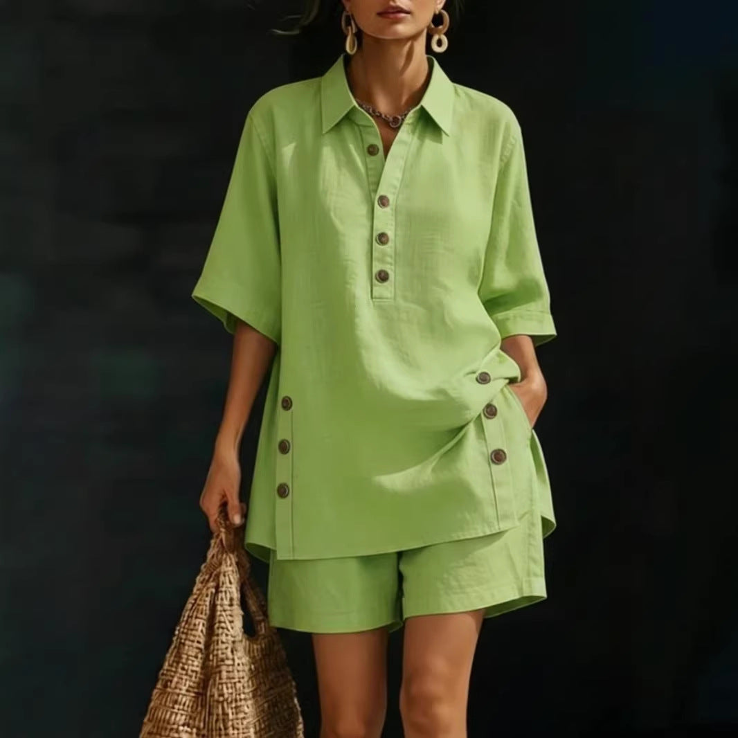 Womens Short-Sleeve Shirt And Loose Pants Two-Piece Set