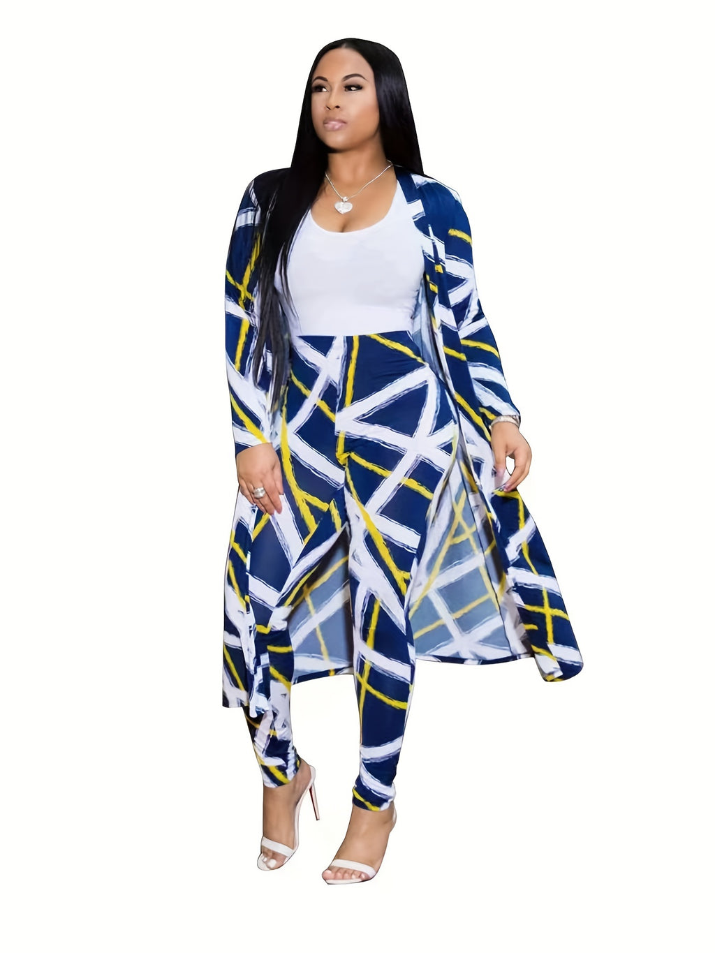 Casual Graphic Print Two-piece Set, Open Front Coat & Skinny Pants Outfits, Women's Clothing