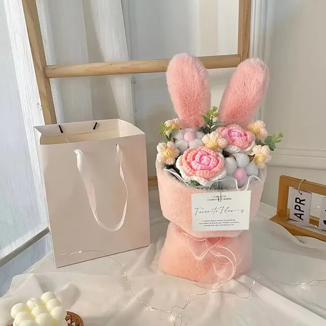 Cotton Rope Artificial Roses Bouquet Handmade Rabbit Ear Knitted Plush Flower Bundle Valentine Mothers' Day Birthday Gifts 1PC