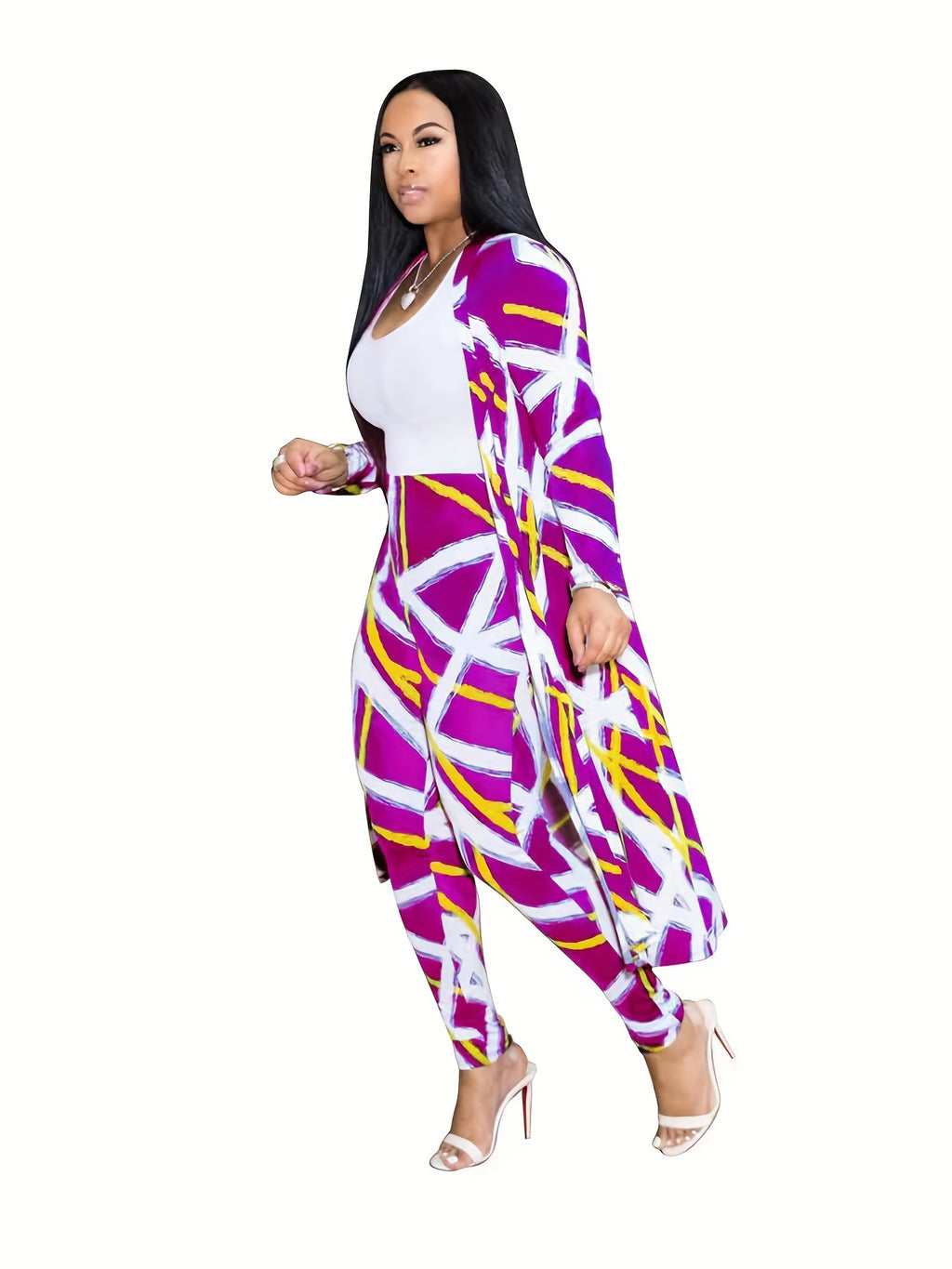 Casual Graphic Print Two-piece Set, Open Front Coat & Skinny Pants Outfits, Women's Clothing