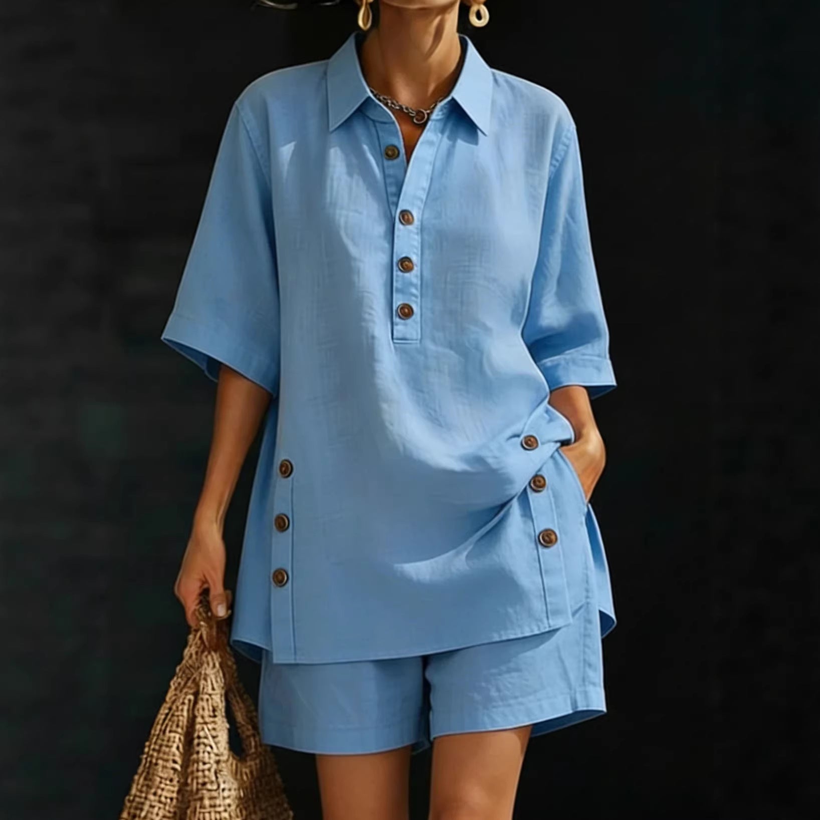 Womens Short-Sleeve Shirt And Loose Pants Two-Piece Set