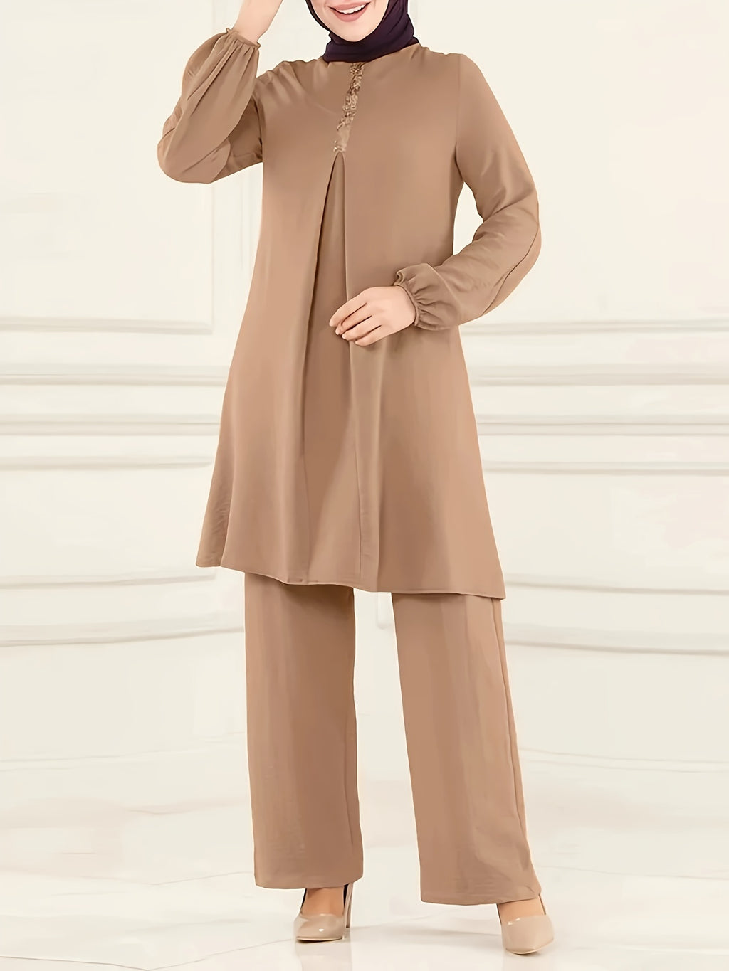 Ramadan Elegant Solid Muslim Two-piece Set, Long Sleeve Crew Neck Top & Straight Leg Pants Outfits, Women's Clothing