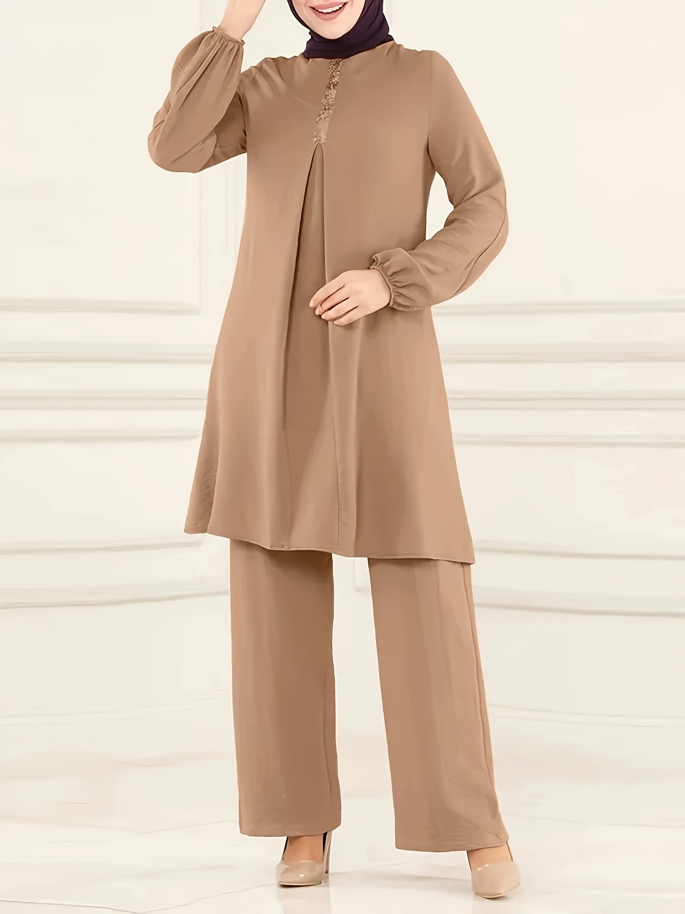 Ramadan Elegant Solid Muslim Two-piece Set, Long Sleeve Crew Neck Top & Straight Leg Pants Outfits, Women's Clothing