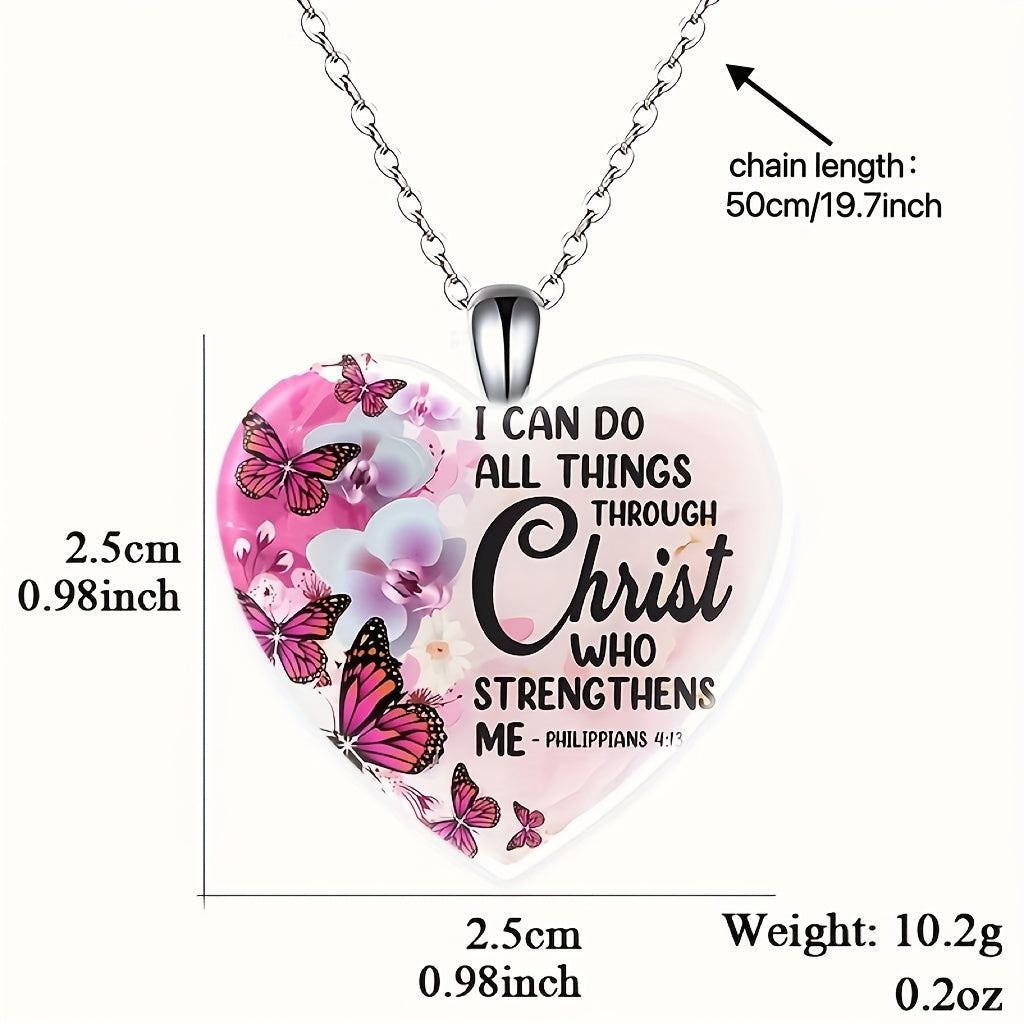 Pink Love Heart Crystal Pendant Necklace Exquisite Butterfly Pattern, Christmas Valentine's Day Banquet Jewelry Holiday Party Gift