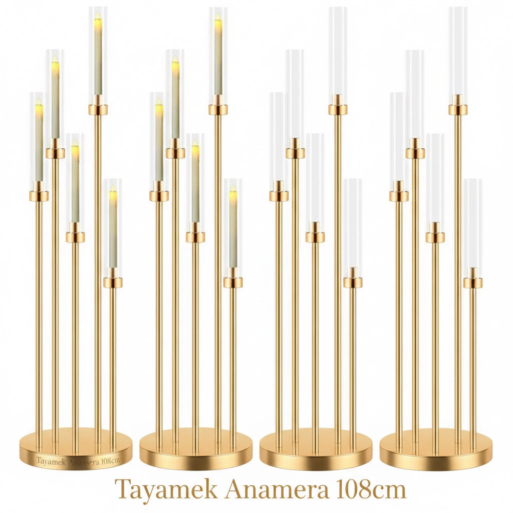 Gold Candle Holder 5-Arm – Tall Candelabra Centerpiece | Tayamek Anamera Rental