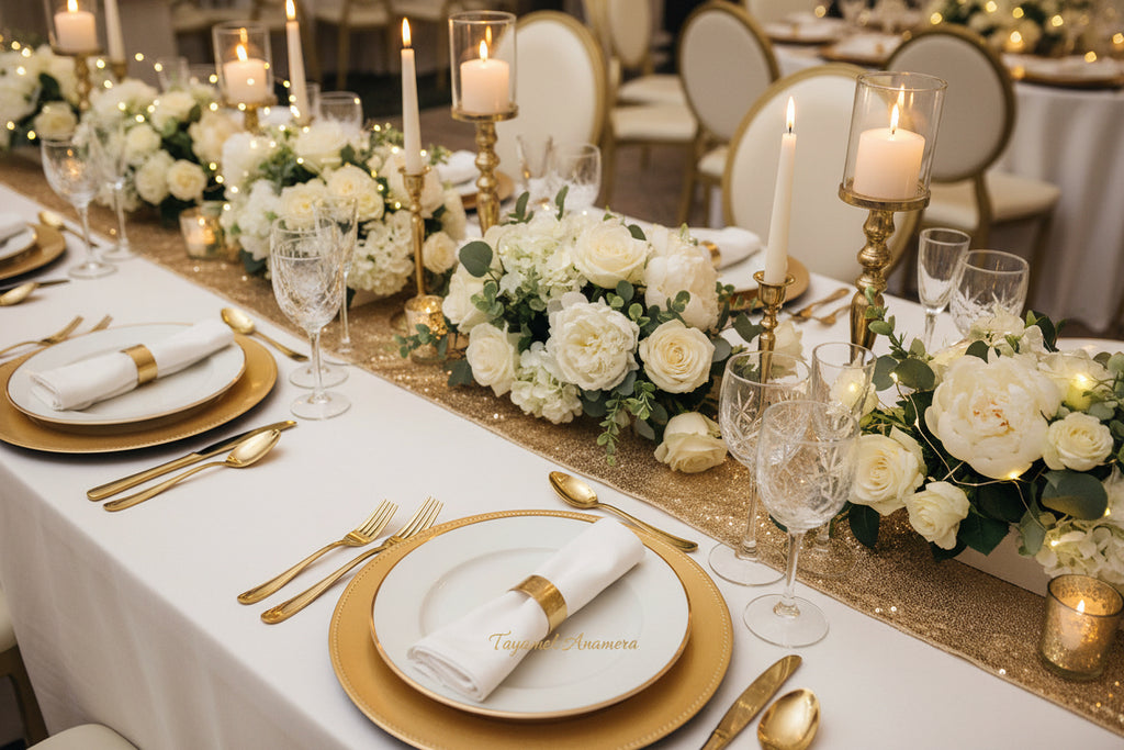 5 Pack Golden Sequin Table Runner 12x108" - Rectangle, Machine Washable