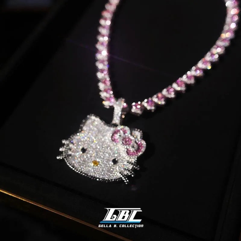 Kawaii Sanrios HelloKitty New Necklace Full Drill Pendant Collarbone Chain for Women Sparkling Crystal Birthday Valentine Gift