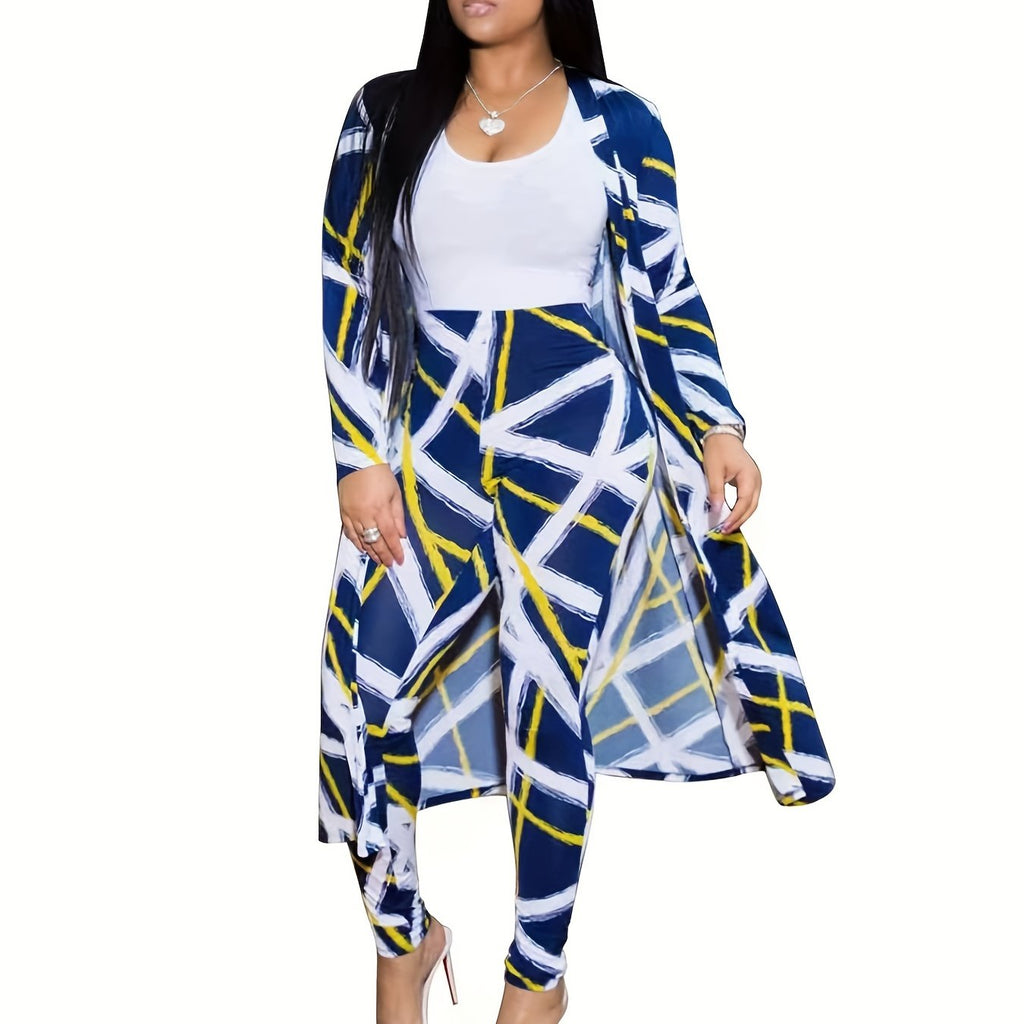 Casual Graphic Print Two-piece Set, Open Front Coat & Skinny Pants Outfits, Women's Clothing