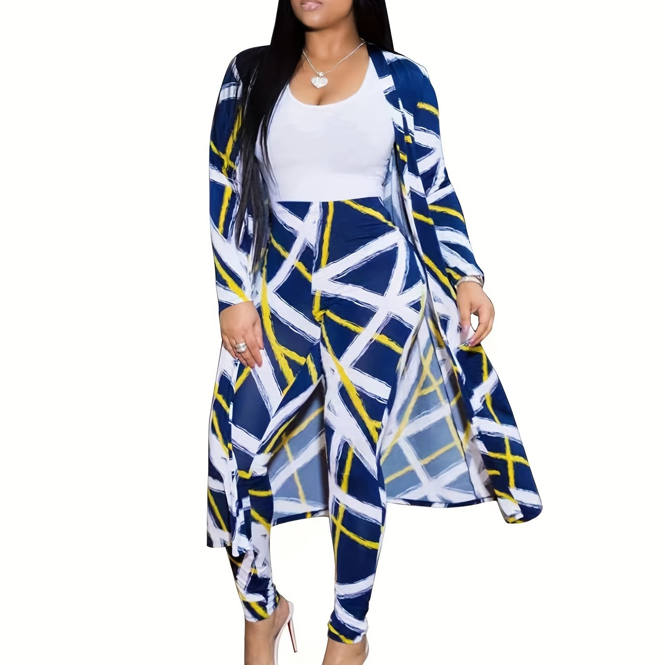 Casual Graphic Print Two-piece Set, Open Front Coat & Skinny Pants Outfits, Women's Clothing