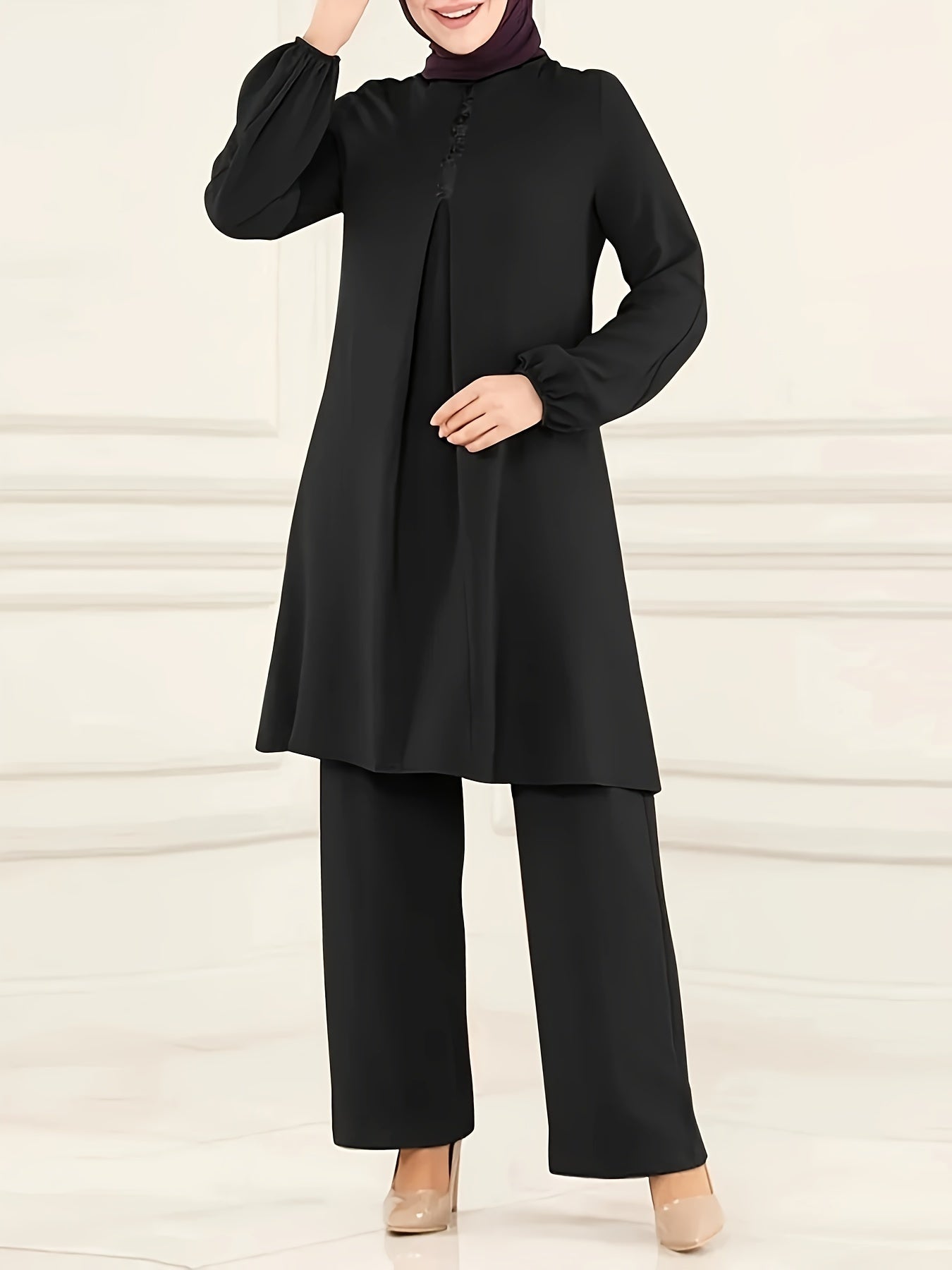 Ramadan Elegant Solid Muslim Two-piece Set, Long Sleeve Crew Neck Top & Straight Leg Pants Outfits, Women's Clothing