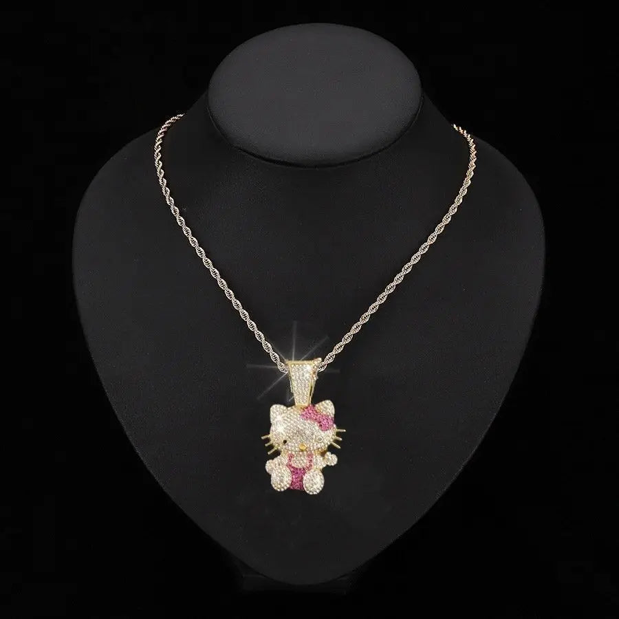 Kawaii Sanrios HelloKitty New Necklace Full Drill Pendant Collarbone Chain for Women Sparkling Crystal Birthday Valentine Gift