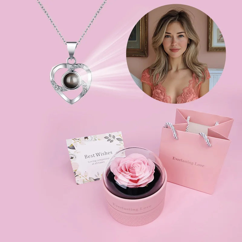 Custom Color Photo Projection Heart Necklace With Luxury Rose Box 2025 Girlfriend Mom Valentine Day Romantic Gifts
