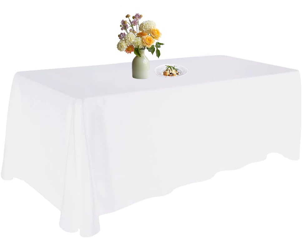 Urby Tablecloth for 6-8ft Rectangle Tables 8-12 Person, Nappe de Table rectangulaire, Machine Washable Polyester Table Cloths. XXL. White. 90'' x 132''