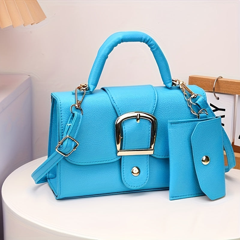 Women's Small Square Crossbody Tote Bag with Closure - Suitable for Urban Style, Clasp Handbag, Minimalist Solid Color Shoulder Purse in, Lake,,,,
