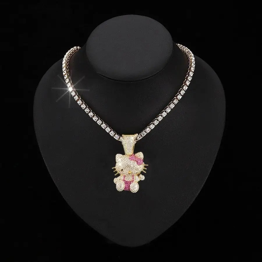 Kawaii Sanrios HelloKitty New Necklace Full Drill Pendant Collarbone Chain for Women Sparkling Crystal Birthday Valentine Gift