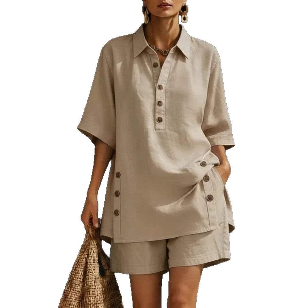 Womens Short-Sleeve Shirt And Loose Pants Two-Piece Set