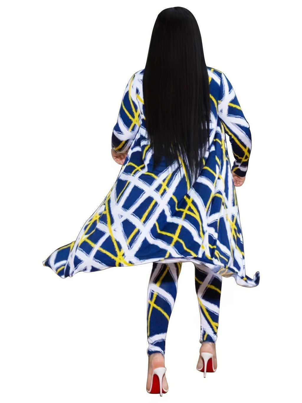 Casual Graphic Print Two-piece Set, Open Front Coat & Skinny Pants Outfits, Women's Clothing