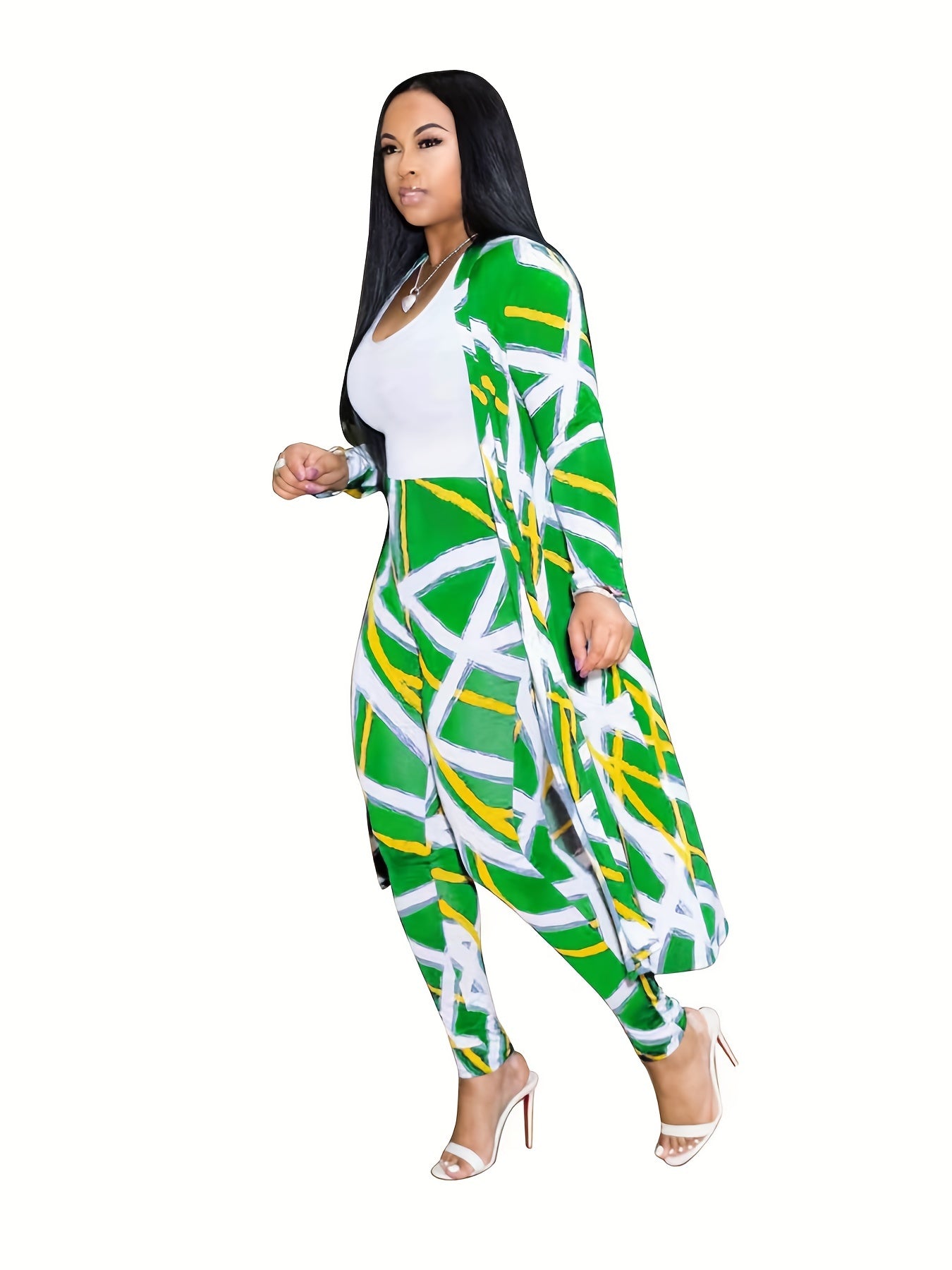 Casual Graphic Print Two-piece Set, Open Front Coat & Skinny Pants Outfits, Women's Clothing