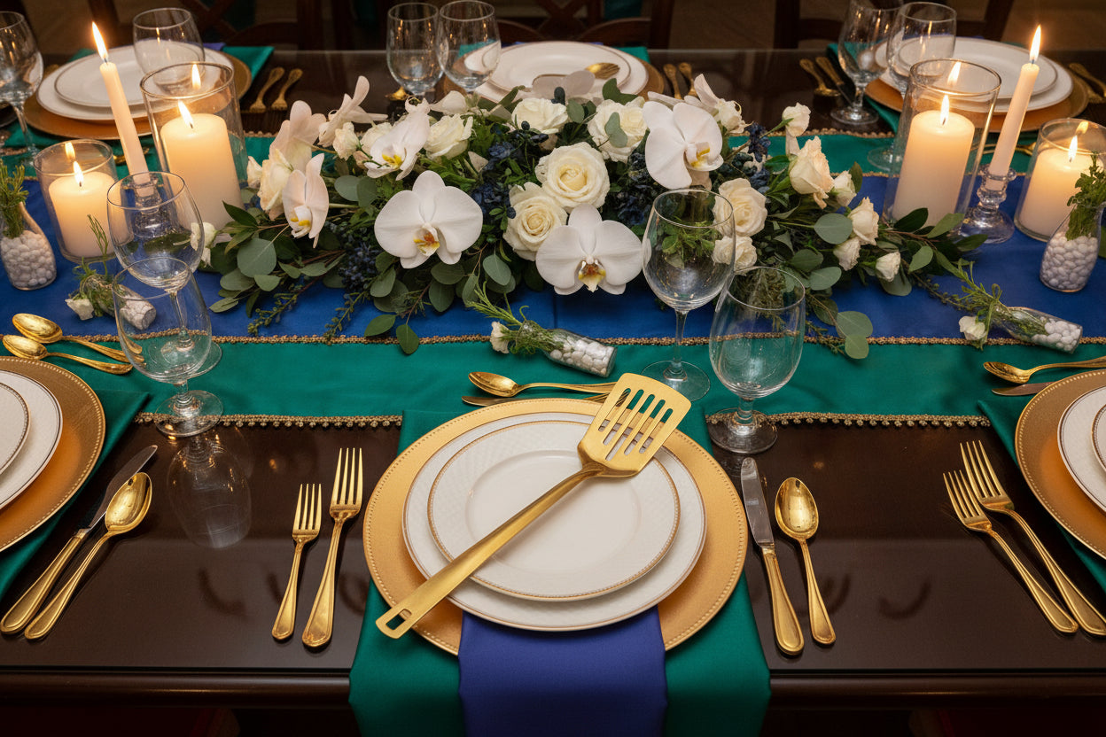 Stainless Steel Serving Spoon Set - Golden & Silver Finish - Rental