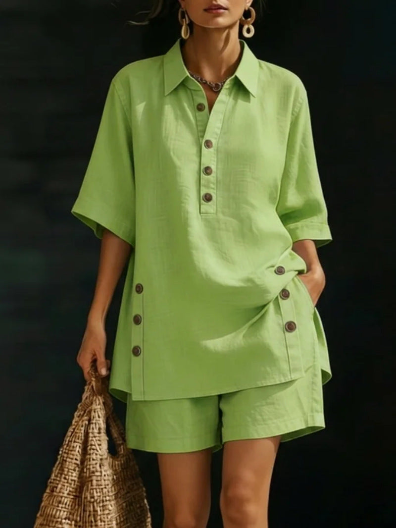 Womens Short-Sleeve Shirt And Loose Pants Two-Piece Set