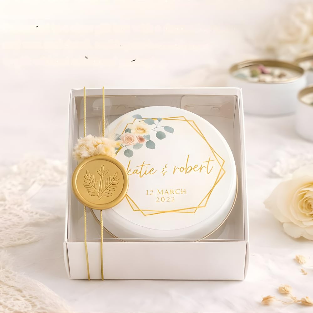 Personalized Wedding Favor Candle Set with Sealed Gift Box – Bulk Soy Wax Candles with Dried Flowers, Custom Name Label – Bridal Shower, Baby Shower, Birthday Guest Gifts (10–200 pcs)