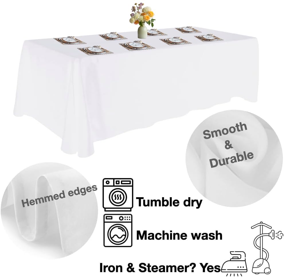 Urby Tablecloth for 6-8ft Rectangle Tables 8-12 Person, Nappe de Table rectangulaire, Machine Washable Polyester Table Cloths. XXL. White. 90'' x 132''