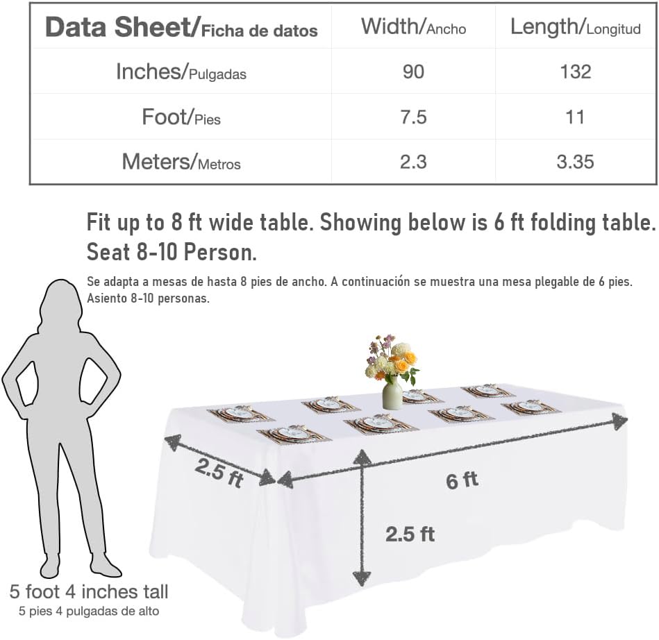 Urby Tablecloth for 6-8ft Rectangle Tables 8-12 Person, Nappe de Table rectangulaire, Machine Washable Polyester Table Cloths. XXL. White. 90'' x 132''