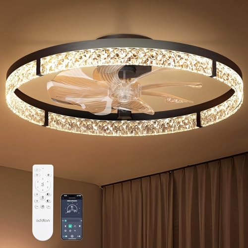 addlon Ceiling Fans with Lights and Remote, 24'' Low Profile Ceiling Fans, 3000-6000K Dimmable Modern Flush Mount LED Fan Light, Fandelier Ceiling Fan for Bedroom, Kitchen, Living Room, Office, Black