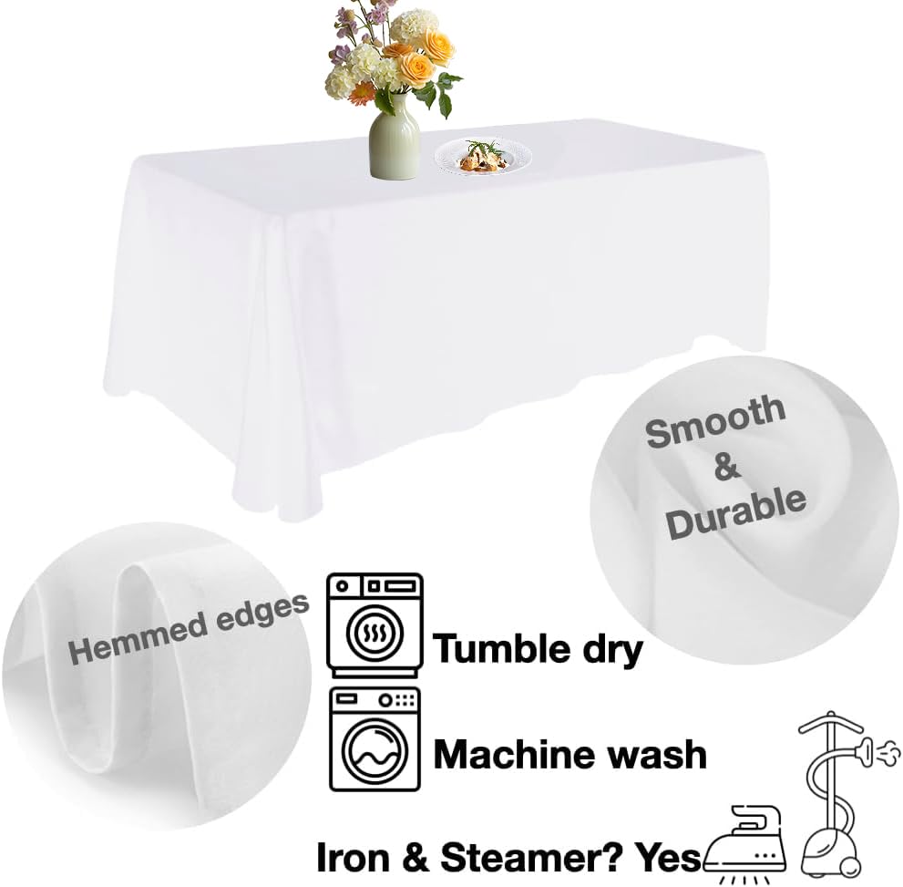 Urby Tablecloth for 6-8ft Rectangle Tables 8-12 Person, Nappe de Table rectangulaire, Machine Washable Polyester Table Cloths. XXL. White. 90'' x 132''