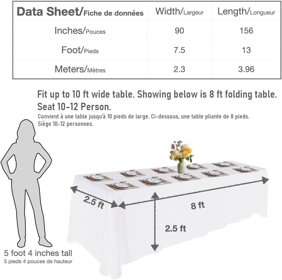 Urby Tablecloth for 6-8ft Rectangle Tables 8-12 Person, Nappe de Table rectangulaire, Machine Washable Polyester Table Cloths. XXL. White. 90'' x 132''