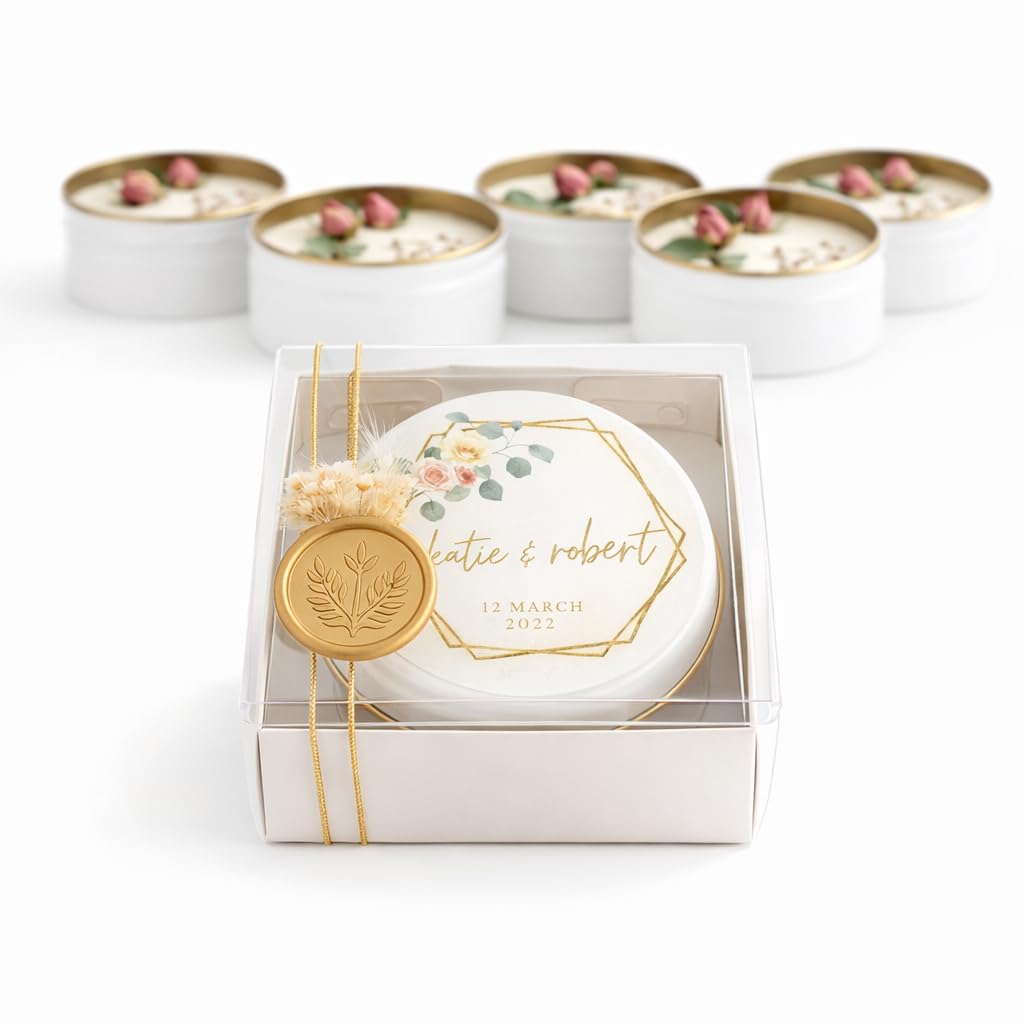Personalized Wedding Favor Candle Set with Sealed Gift Box – Bulk Soy Wax Candles with Dried Flowers, Custom Name Label – Bridal Shower, Baby Shower, Birthday Guest Gifts (10–200 pcs)