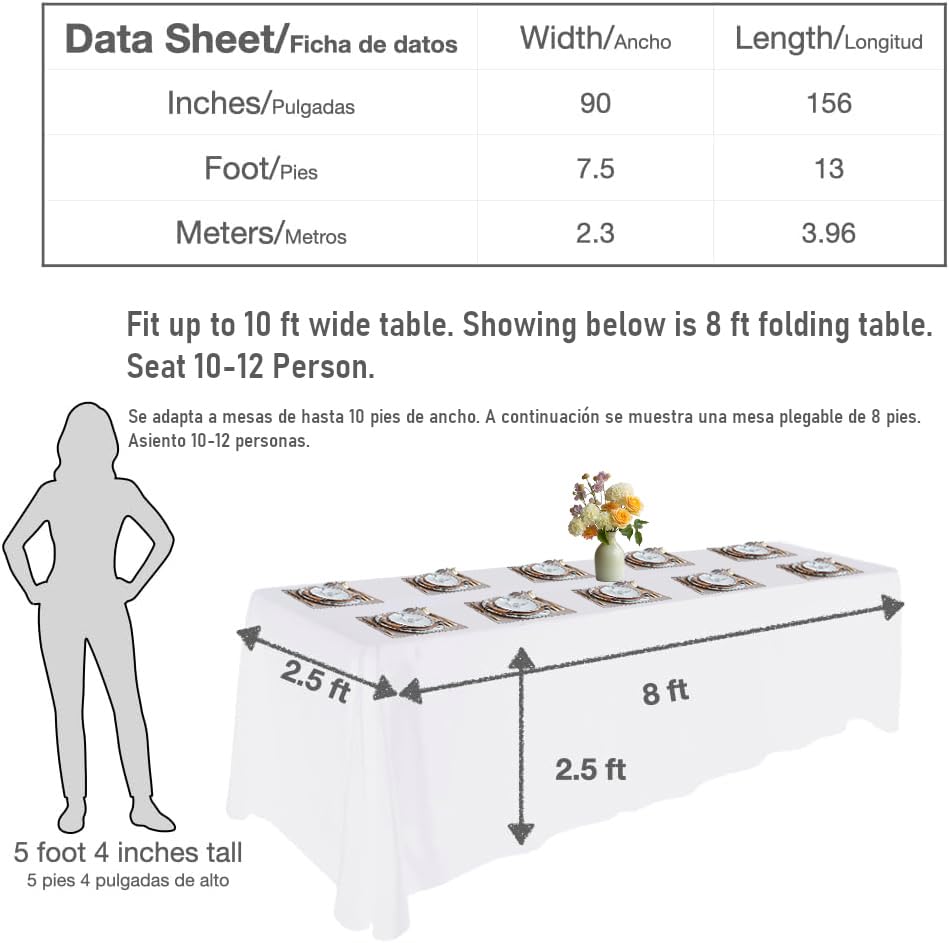 Urby Tablecloth for 6-8ft Rectangle Tables 8-12 Person, Nappe de Table rectangulaire, Machine Washable Polyester Table Cloths. XXL. White. 90'' x 132''