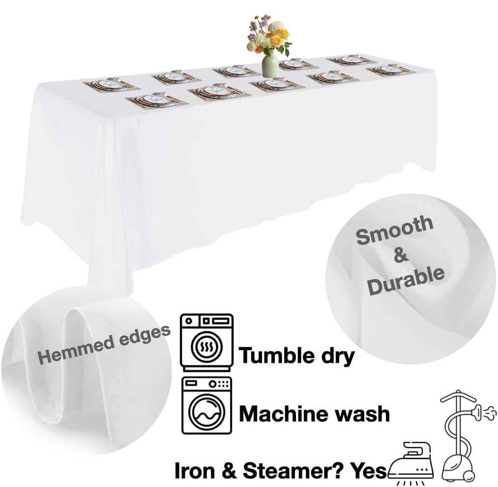 Urby Tablecloth for 6-8ft Rectangle Tables 8-12 Person, Nappe de Table rectangulaire, Machine Washable Polyester Table Cloths. XXL. White. 90'' x 132''