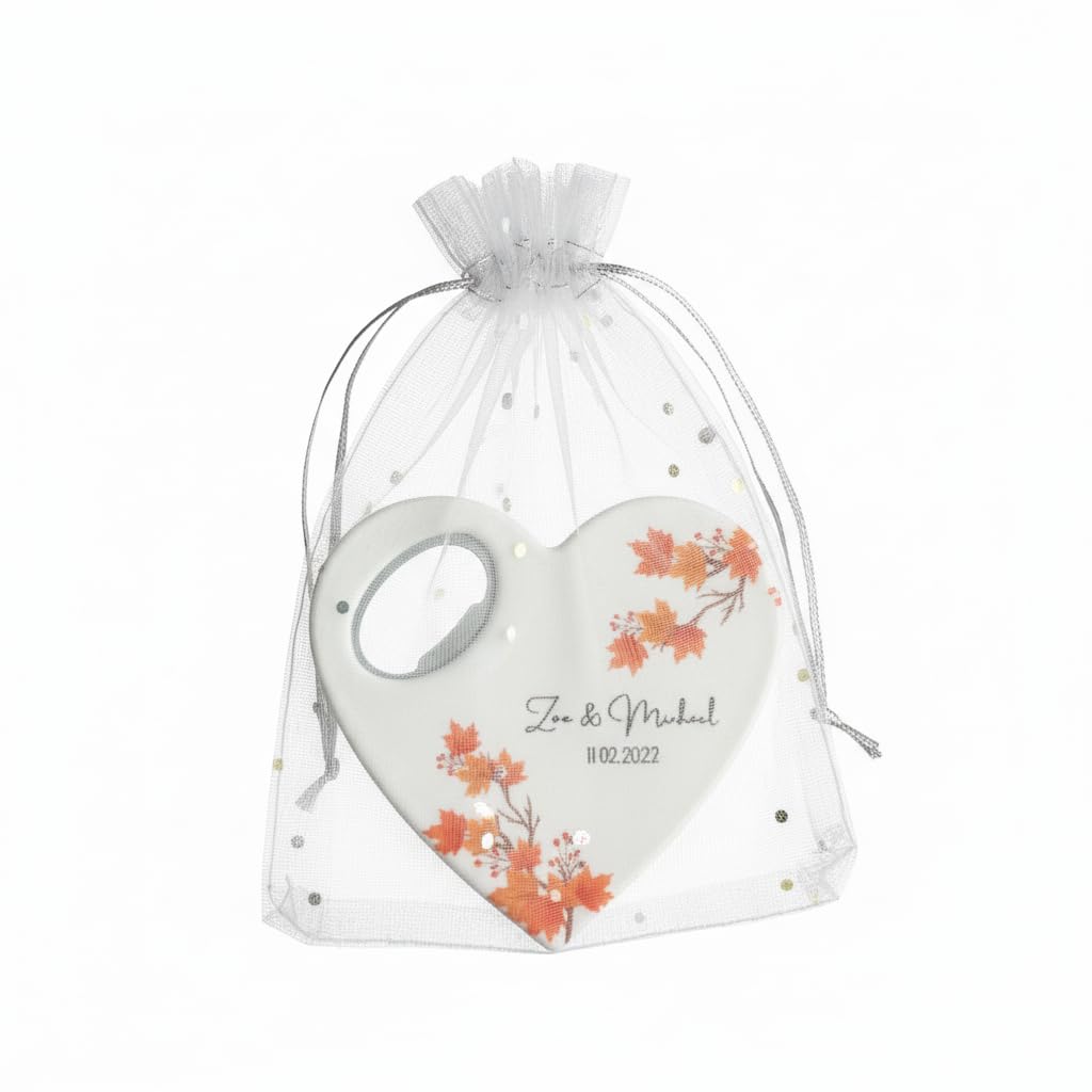 Custom Heart-Shaped Magnet Bottle Opener – Wedding Favor with Thank You Card, Personalized Gift for Guests, Bridal Shower Souvenir with Gift Bag (Pack of 30) (Bottle Opener + Gift Bag)