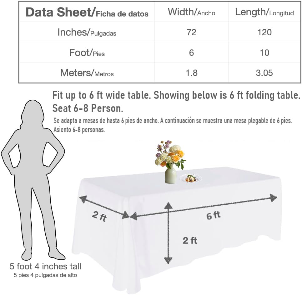 Urby Tablecloth for 6-8ft Rectangle Tables 8-12 Person, Nappe de Table rectangulaire, Machine Washable Polyester Table Cloths. XXL. White. 90'' x 132''
