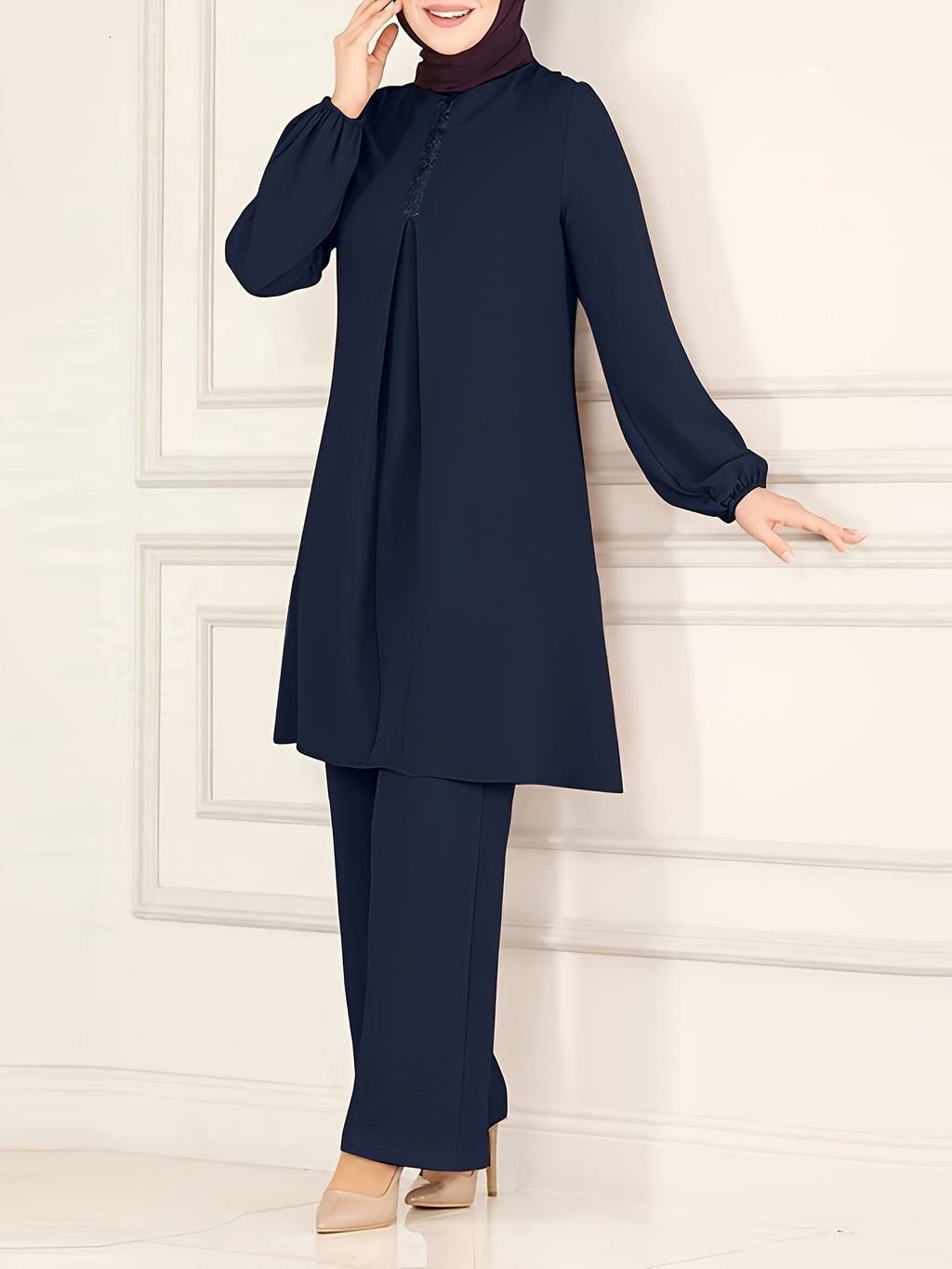 Ramadan Elegant Solid Muslim Two-piece Set, Long Sleeve Crew Neck Top & Straight Leg Pants Outfits, Women's Clothing