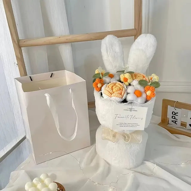 Cotton Rope Artificial Roses Bouquet Handmade Rabbit Ear Knitted Plush Flower Bundle Valentine Mothers' Day Birthday Gifts 1PC