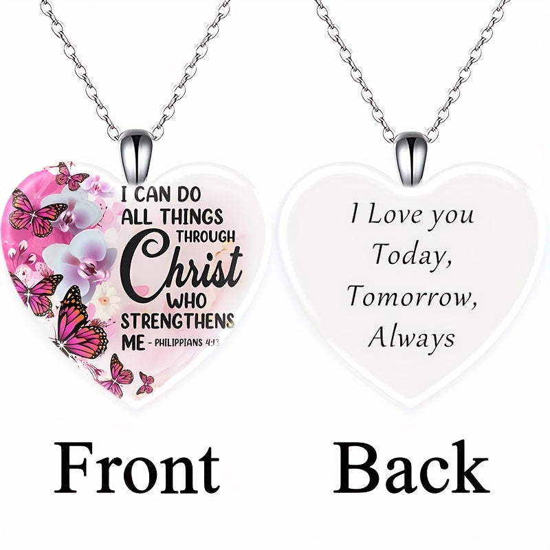 Pink Love Heart Crystal Pendant Necklace Exquisite Butterfly Pattern, Christmas Valentine's Day Banquet Jewelry Holiday Party Gift