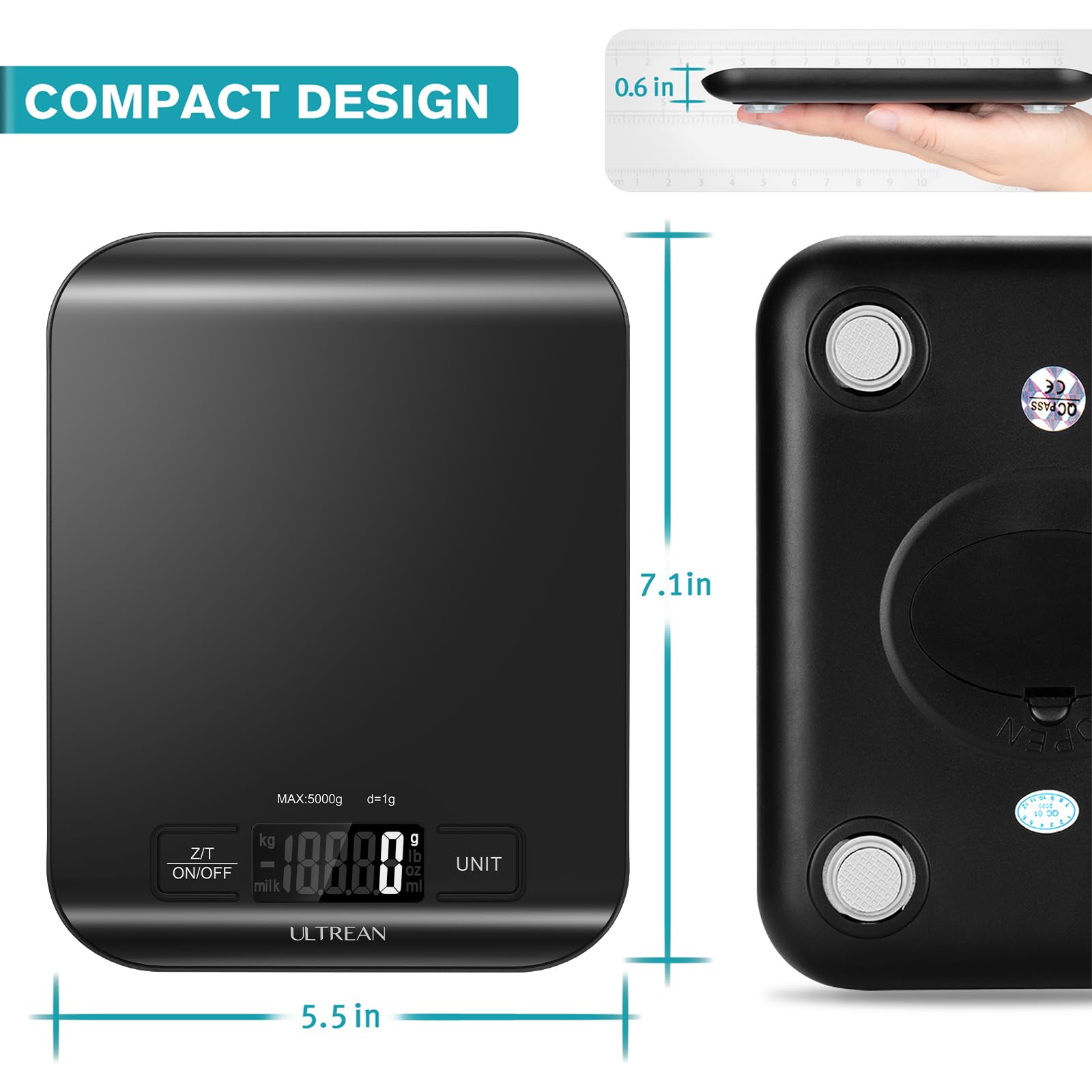 Ultrean Food Scale, Digital Kitchen Scale Weight Grams and Ounces for Baking and Cooking, 6 Units with Tare Function, 11lb (Batteries Included) (Black)