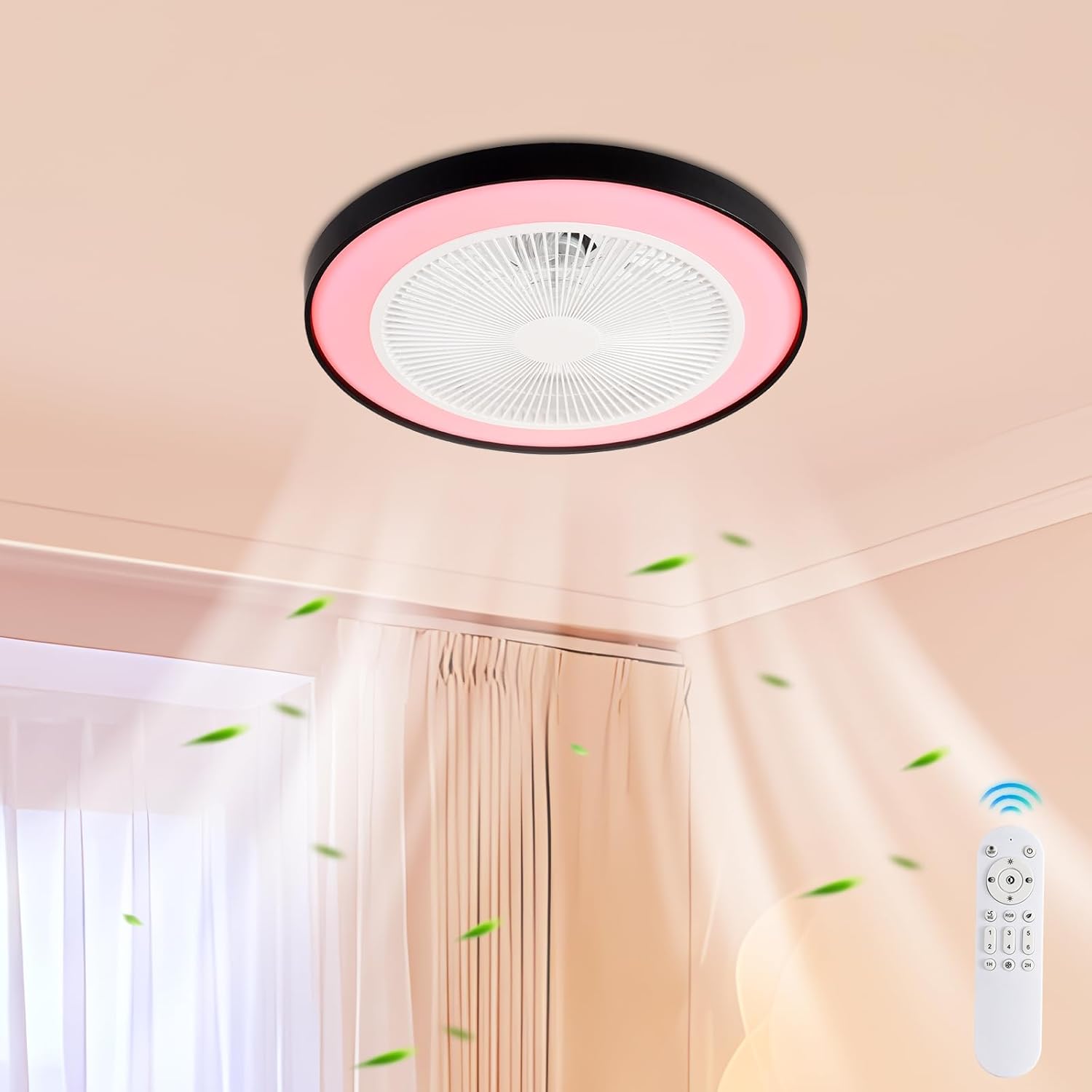 RGB Ceiling Fan with Lights, Bladeless Fans, 48cm/18.89inch Enclosed Lights Fixtures Low Profile Flush Mount Fans Reversible 6 Wind Speeds Dimmable Remote Control Bedroom Timing, (Black)