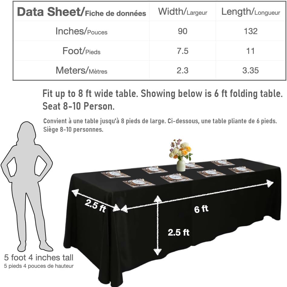 Urby Tablecloth for 6-8ft Rectangle Tables 8-12 Person, Nappe de Table rectangulaire, Machine Washable Polyester Table Cloths. XXL. White. 90'' x 132''