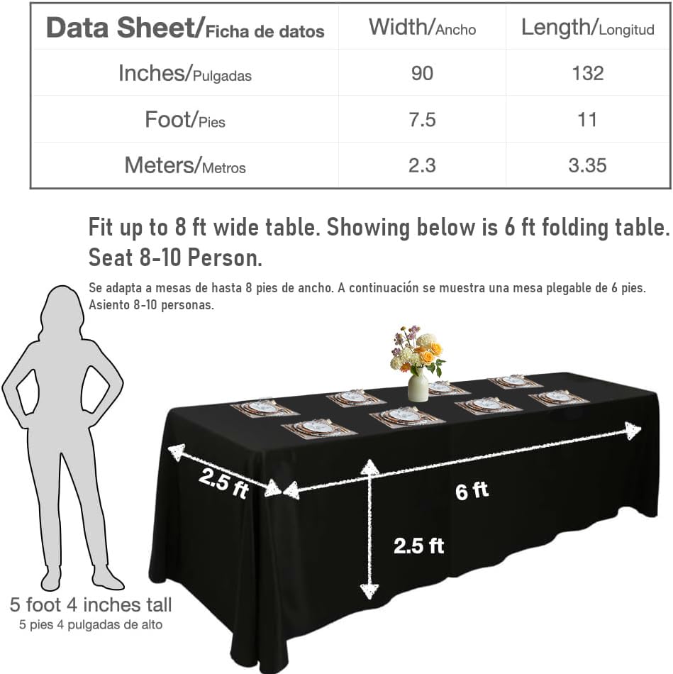 Urby Tablecloth for 6-8ft Rectangle Tables 8-12 Person, Nappe de Table rectangulaire, Machine Washable Polyester Table Cloths. XXL. White. 90'' x 132''