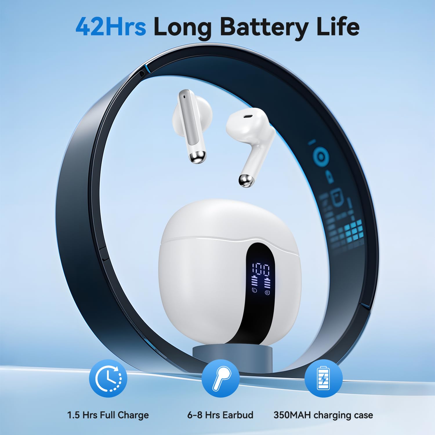 Wireless Earbuds, Bluetooth 5.4 Bass Stereo Headphones with 4 ENC Mic, 50H Playback Ear Buds with Charging Case LED Display,Sport Earphones IPX7 Waterproof for Phone, Android, Pad, Brightening
