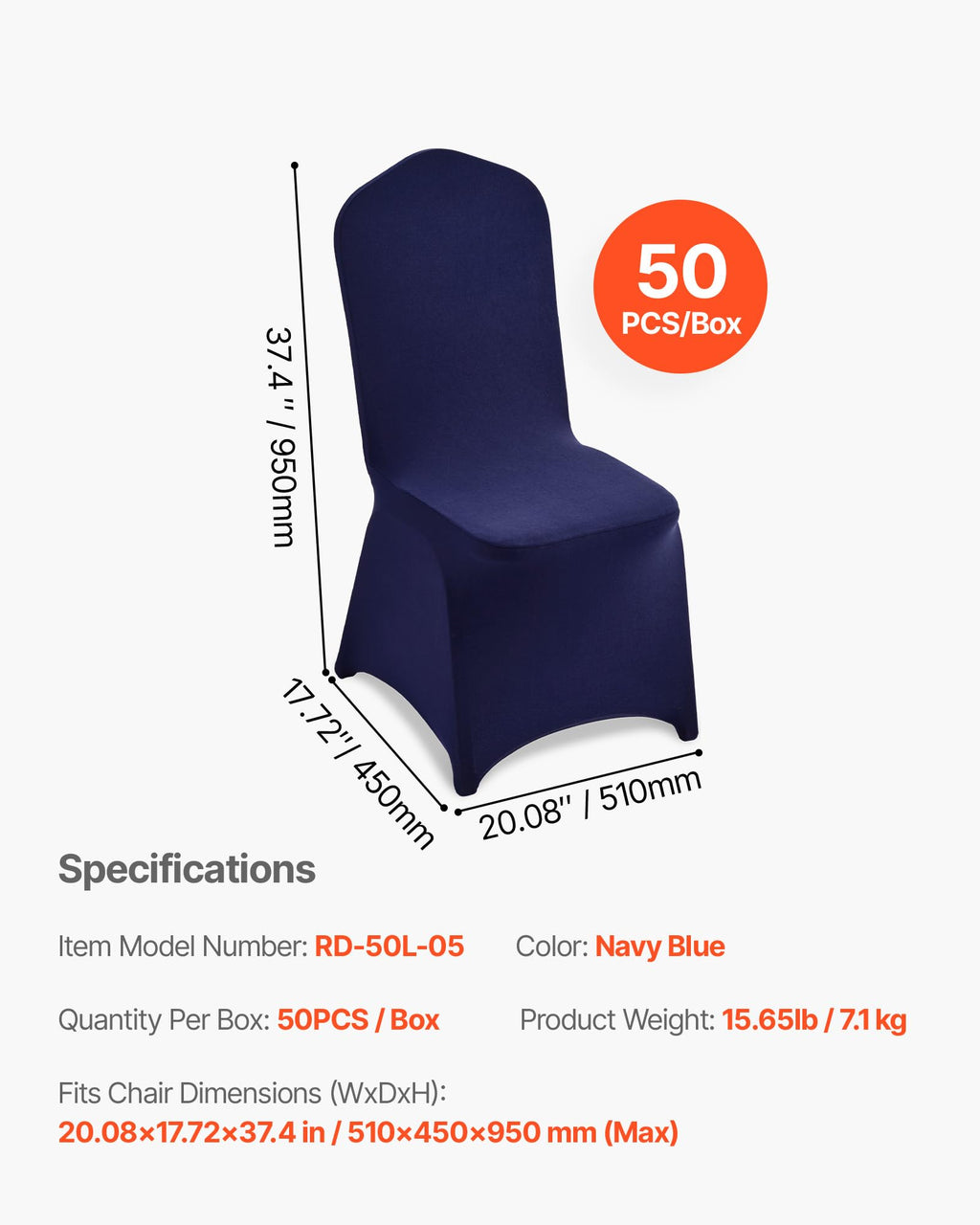 VEVOR 50 Pcs Navy Blue Chair Covers, Polyester Spandex Chair Cover, Stretch Slipcovers for Wedding Party Dining Banquet Flat-Front Chair Covers, Fits Chair Measures up to 20.08 x 17.72 x 37.4 inch