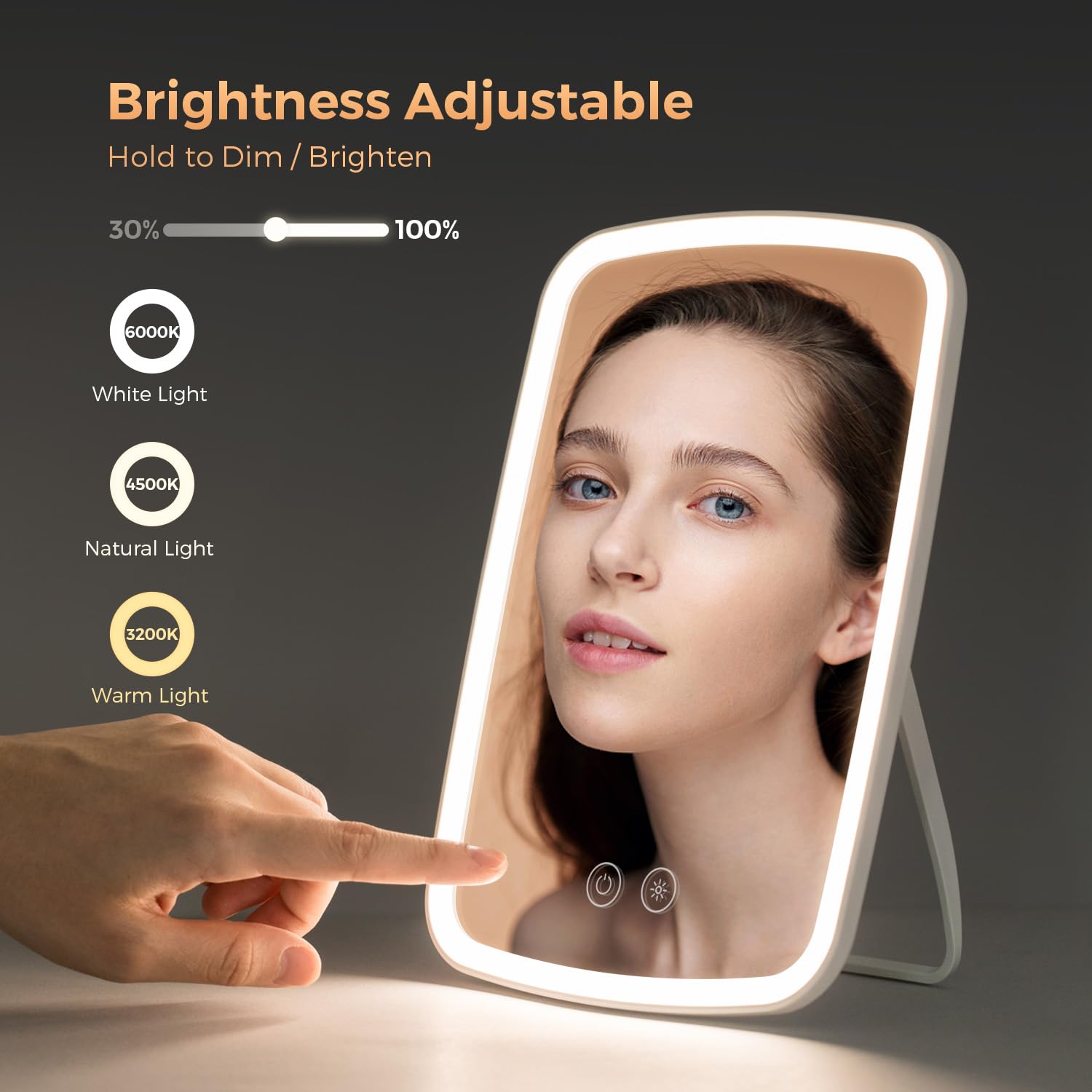 Lighted Makeup Mirror, Portable Mirror with Lights, 1500mAh Rechargeable Vanity Mirror with 3 Colors and Brightness Adjustable