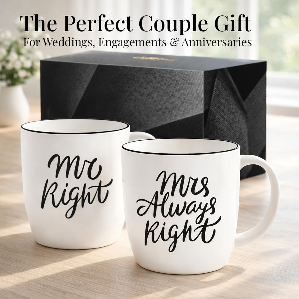 Triple Gifffted Mr Right and Mrs Always Right Coffee Mugs Gift Set, 380 ml | Gifts for Couples, Wedding Anniversary, Engagement, Christmas, His & Hers, Bride and Groom, Parents, Newlyweds Bridal Shower